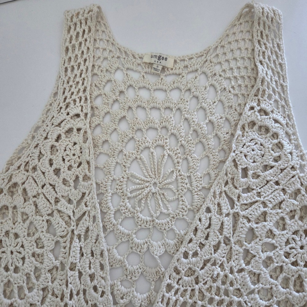 Umgee Crochet Vest Cream Boho Fringe Open Knit Long Layering Womens Size S